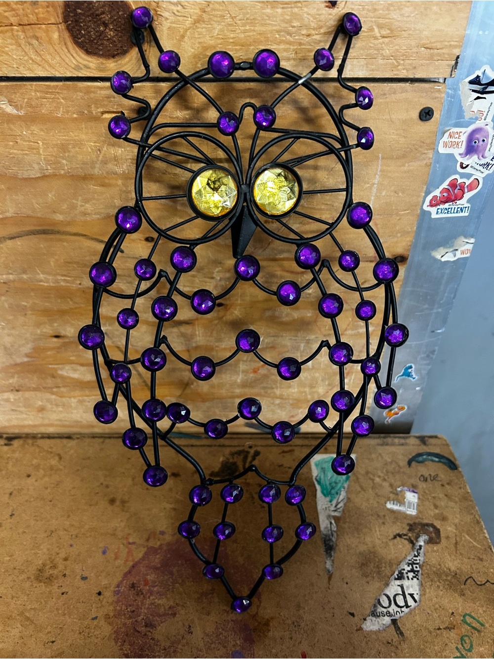 Decorative Purple Owl Wall Accent with Yellow Glass Eyes wall hanging Owl